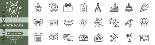Birthday celebration line icons set anniversary party cake gift box balloons invitation card music camera fireworks & more vector illustration with editable stroke.