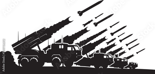 Military missile launcher, truck mounted rocket system, silhouette illustration, defense vehicle graphics