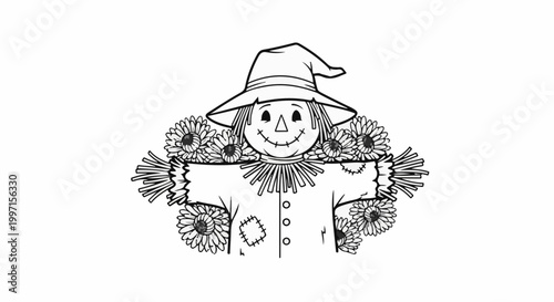 A simple line drawing of a friendly scarecrow adorned with daisies