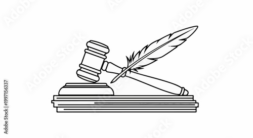 A simple line drawing of a gavel resting on a stack of books with a feather quill