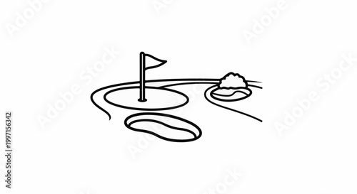 A simple line drawing of a golf hole with a flag, sand trap, and bunker