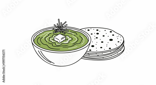 A simple line drawing of a green curry in a bowl with a piece of butter and flatbread