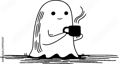 Ghost holding steaming cup on table in simple line drawing