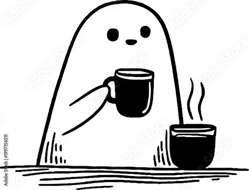 Ghost sipping mug at table with additional cup nearby