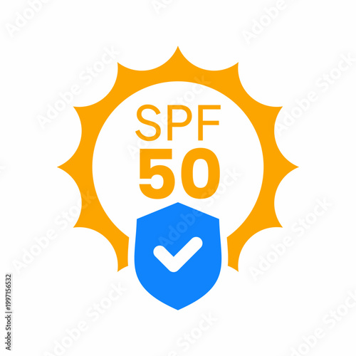 SPF 50 sun protection icon with orange sun and blue shield with white checkmark