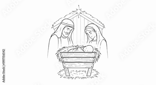 A simple line drawing of a nativity scene showing a baby in a manger with two figures