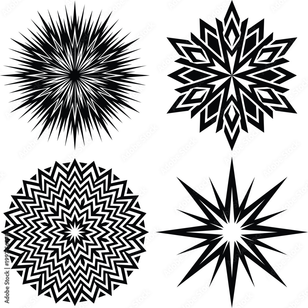 Obraz premium Set of four geometric star and sunburst elements in black and white for modern minimalist design and illustration.