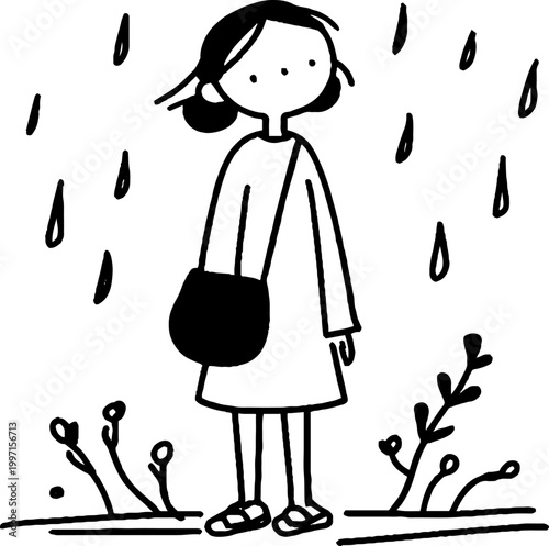 Young woman standing in rain with shoulder bag outdoors