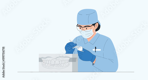 Dentist examining dental model and x-ray, focused on patient care and oral health