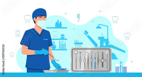 Dentist in uniform with tools and dental chair in clinic, dental care concept