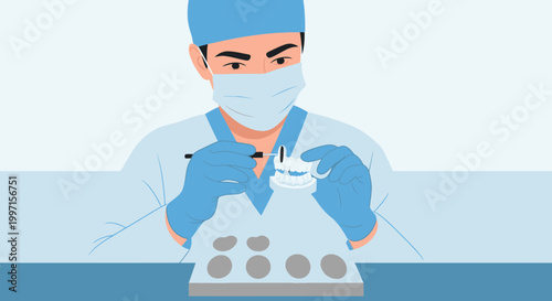 Dentist working on dental prosthesis model, laboratory, precision work