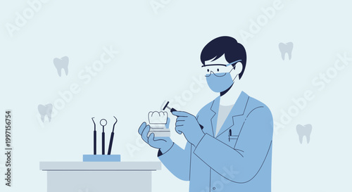 Dentist working on dental model with tools, dental care concept