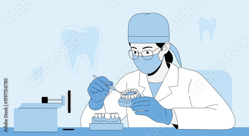 Dentist working on dental prosthetics with tools and equipment, blue background with teeth illustrations