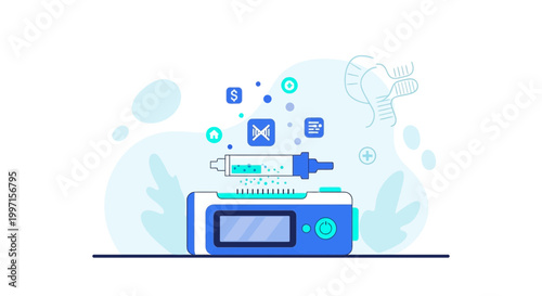 Diabetes management device with insulin syringe and medical icons, healthcare technology concept