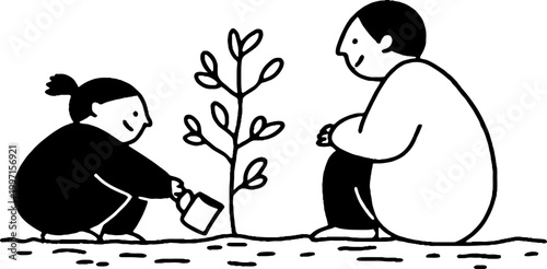 Child watering small tree while adult watches in garden scene