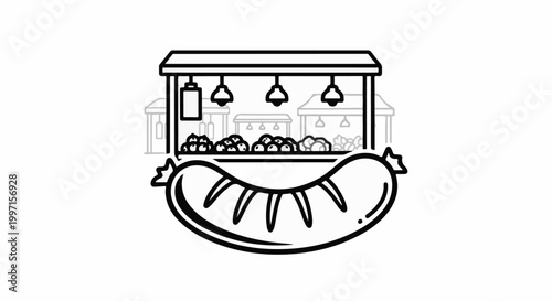 A simple line art illustration of a food stall with a large sausage