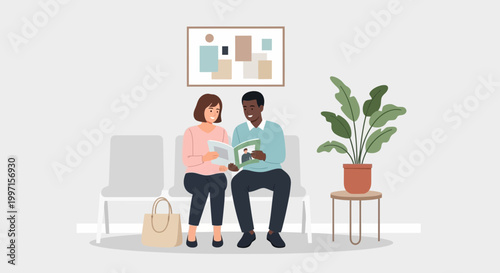 Diverse couple waiting in a doctor's office, reading a magazine, calm atmosphere