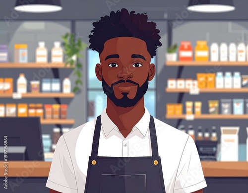 Digital illustration of a Black man with a beard and dark curly hair, wearing an apron, in a shop setting. Shelves filled with products are visible