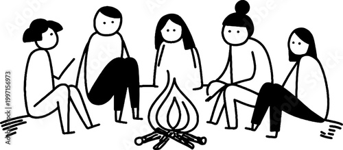 Group of people sitting around campfire at outdoor gathering