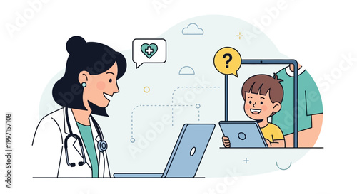 Doctor consulting child online via laptop, telemedicine and healthcare concept