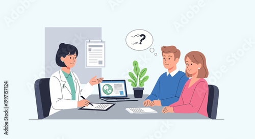 Doctor consulting couple about health and family planning on laptop