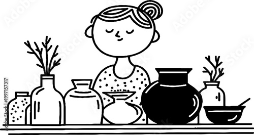 Woman arranging ceramic vases on table in studio setting