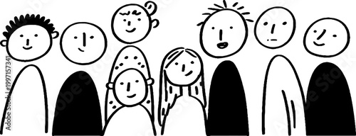 Group of doodle figures standing in simple white background