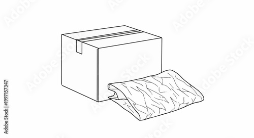 A simple line drawing of a sealed cardboard box with crumpled paper