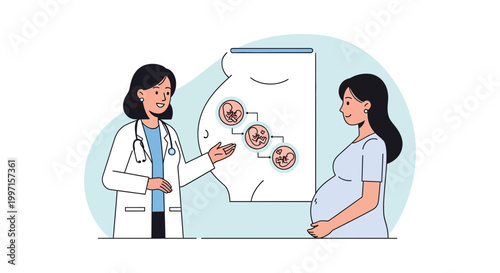 Doctor explains pregnancy stages to expectant mother, showing fetal development