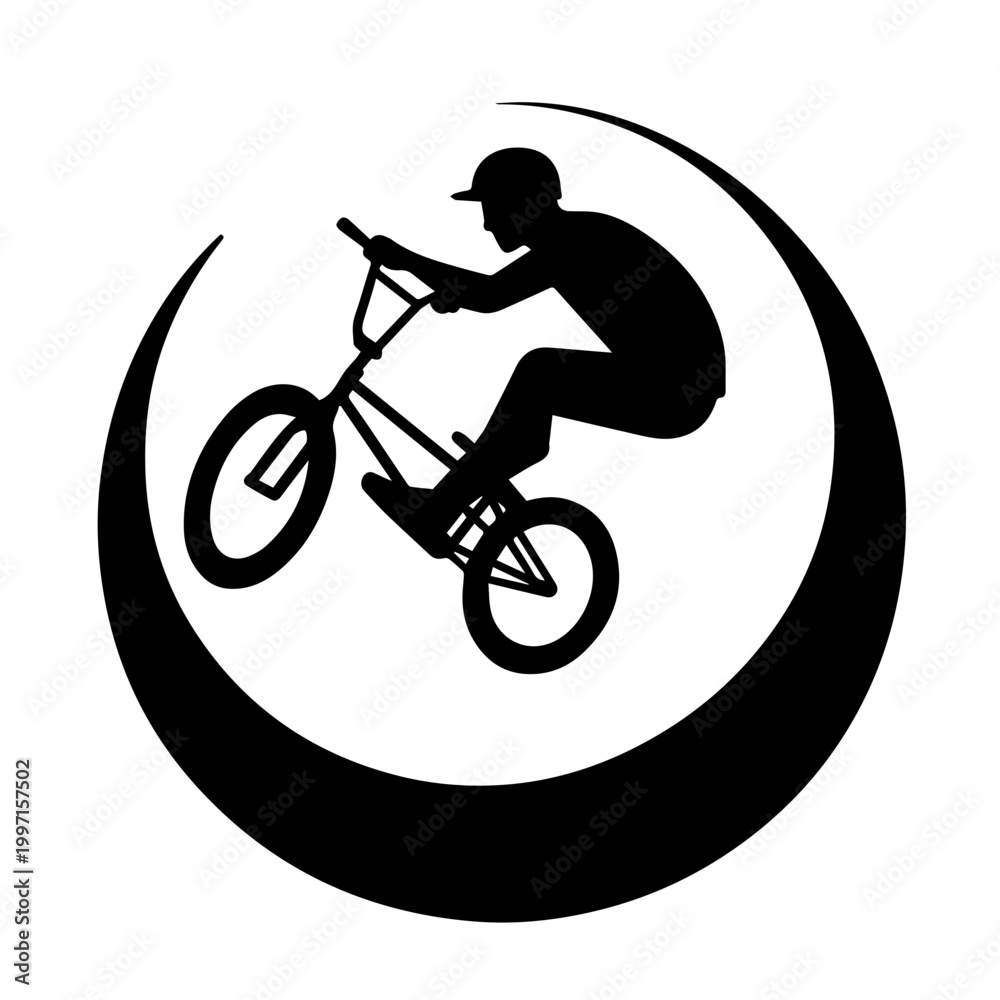 Naklejka premium silhouette of a person riding a bicycle in a crescent moon.a black silhouette of a cyclist performing a trick on a bike within a crescent moon shape, ideal for designs related to sports, fitness, and 