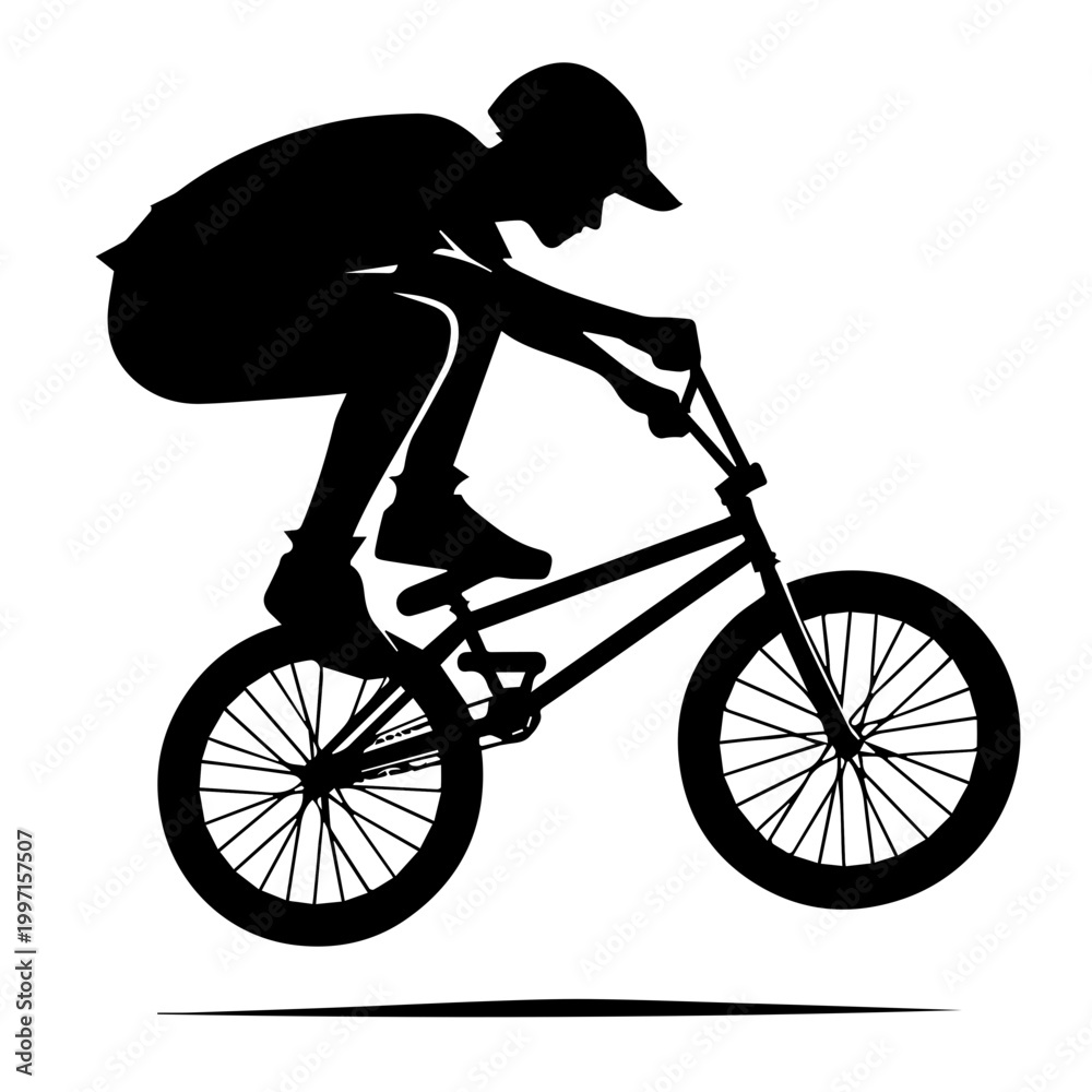 Naklejka premium silhouette of a person riding a bicycle, bmx bike rider in motion.a black silhouette of a person wearing a cap and riding a bmx bicycle, conveying a sense of speed and action, ideal for marketing, adv