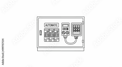 A schematic drawing of an electrical panel with breakers, meters, and switches