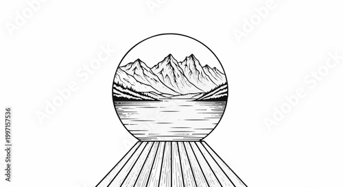 A scenic vista of mountains and a lake enclosed within a circular frame