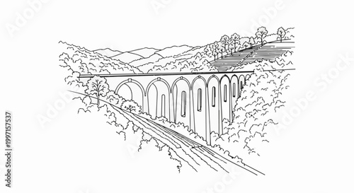 A scenic sketch shows a long, arched railway bridge in a hilly, tree-lined landscape