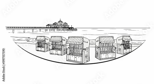 A seaside pier overlooks a sandy beach dotted with shaded chairs by the ocean