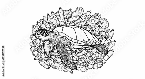 A sea turtle struggles amidst a sea of plastic waste