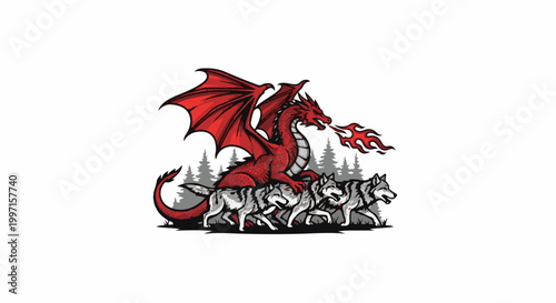 A red dragon breathes fire over a pack of wolves in a forest