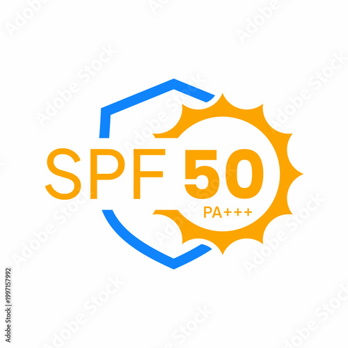 Orange SPF 50 sun protection icon with blue shield on white background