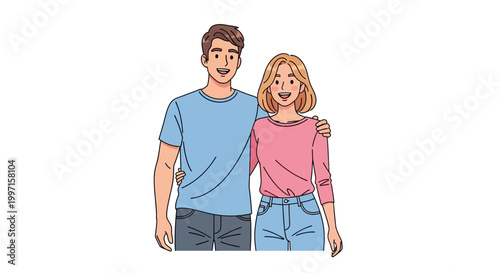 Happy young couple standing together and smiling, embracing on white background.