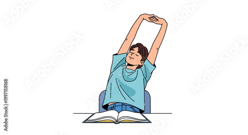 Young person stretching while studying with an open book.