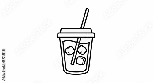 A simple black and white line drawing of a beverage with ice cubes