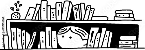 Person peeking between books on low bookshelf in room