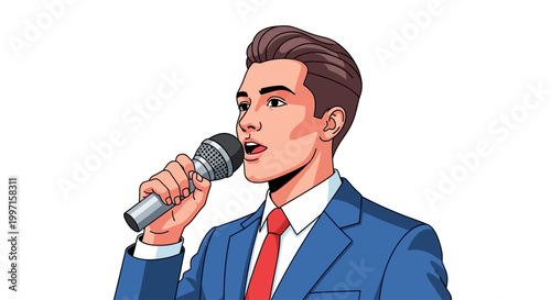 A man in a suit speaks into a microphone.