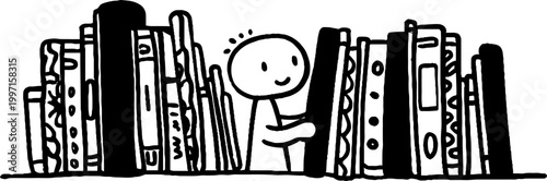 Small character selecting book between tall books on shelf