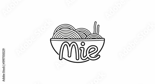 A simple black and white line drawing of a bowl of noodles with text