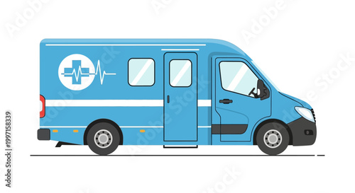 Blue ambulance with medical symbol on white background.
