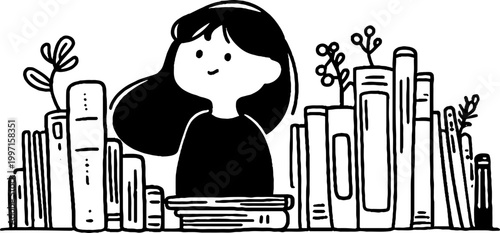 Girl smiling among tall books on table in black white illustration