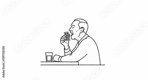 A man takes pills from a blister pack with a glass of water