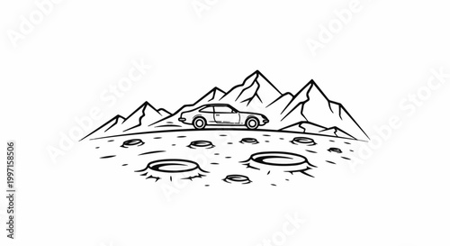 A retro car navigates a cratered landscape with mountains