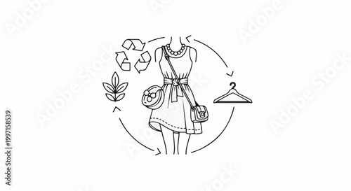 A mannequin displays a dress with accessories, surrounded by recycling and nature symbols